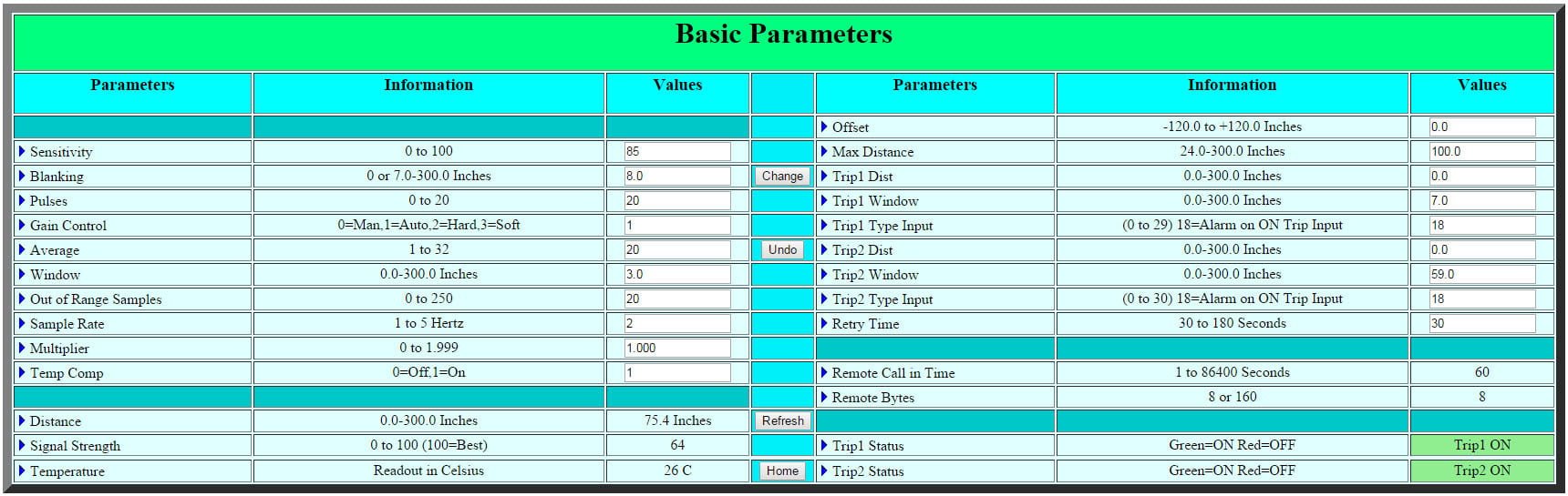 A screenshot shows the interface for the LOE ultrasonic configuration on the web server.