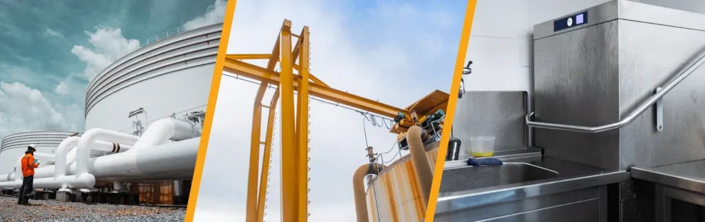 a yellow crane and a large metal tank measurement tools