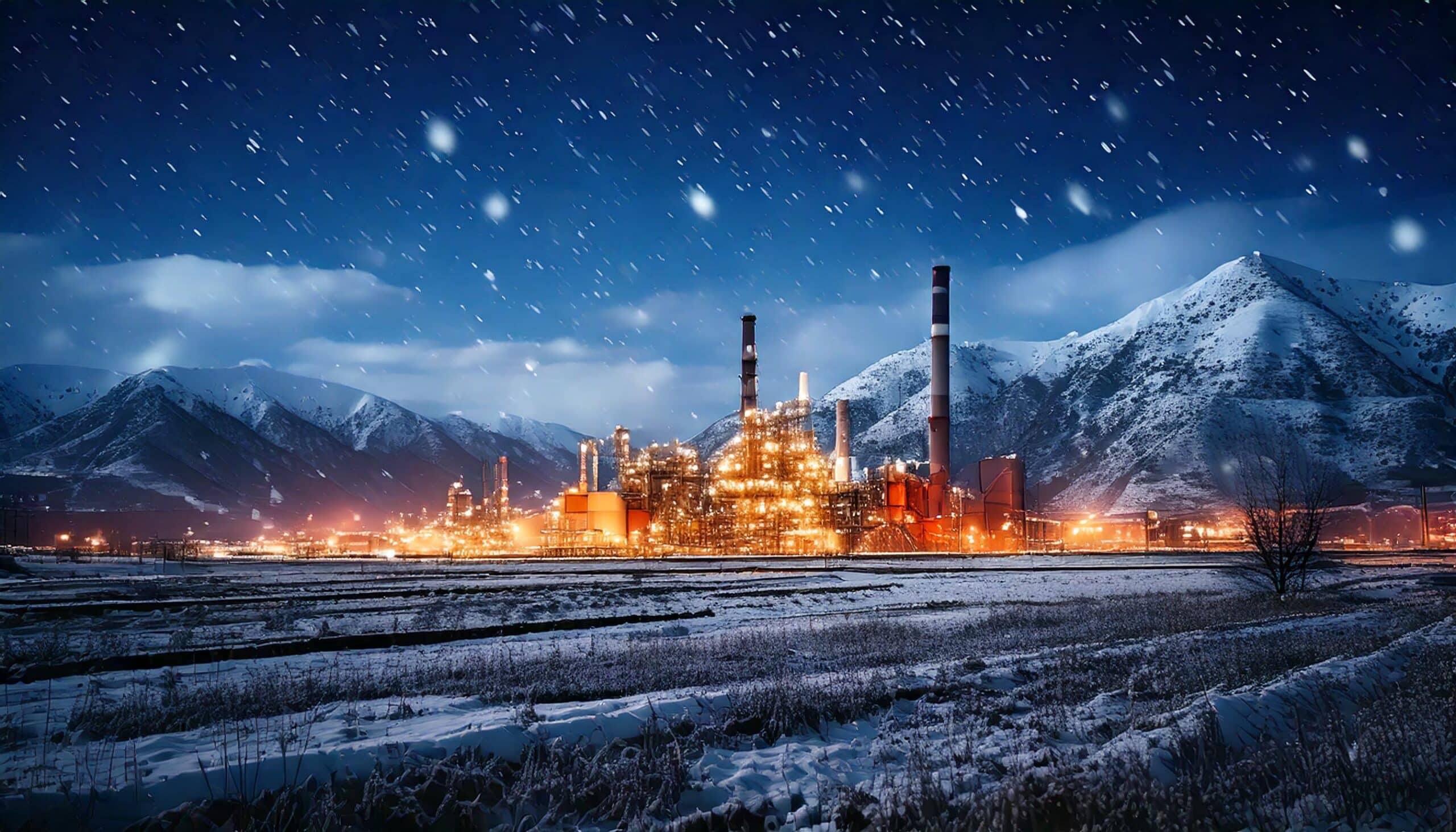 Industrial Plant in the Winter. Mountains in the background